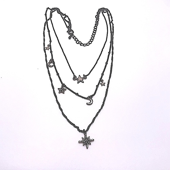 Multi Strand Chain Necklace W/Gold Plated & Crystal Star And Moon Charms - NEW - Picture 5 of 5